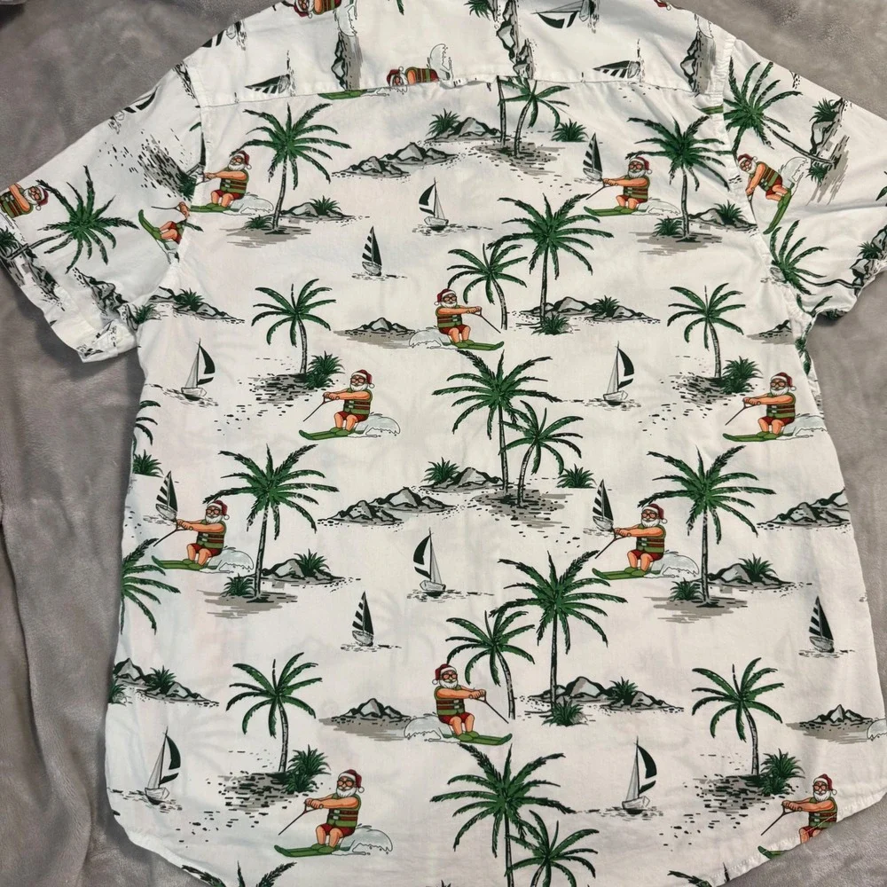 Denim & Flower Surfing Santa Holiday Shirt Men's L Tropical‎ Christmas Palm Tree